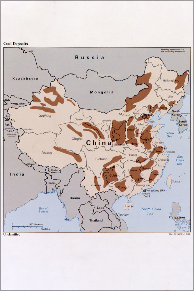 24"x36" Gallery Poster, cia map of Coal deposits in China 1991