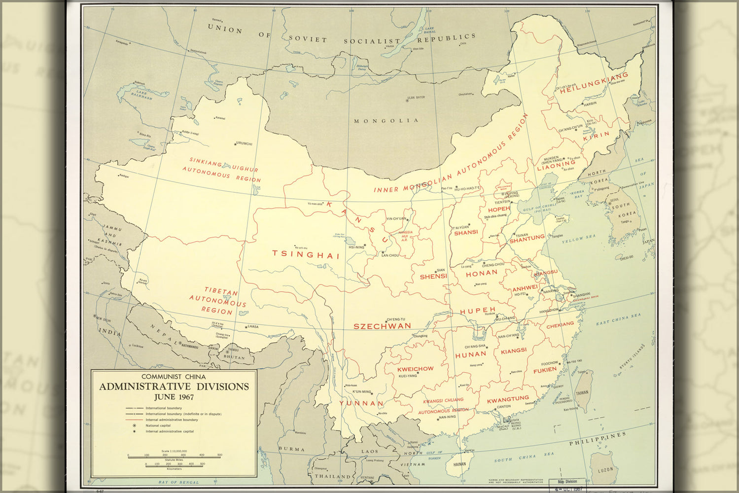 24"x36" Gallery Poster, cia map of Communist China admin. Divisions 1967