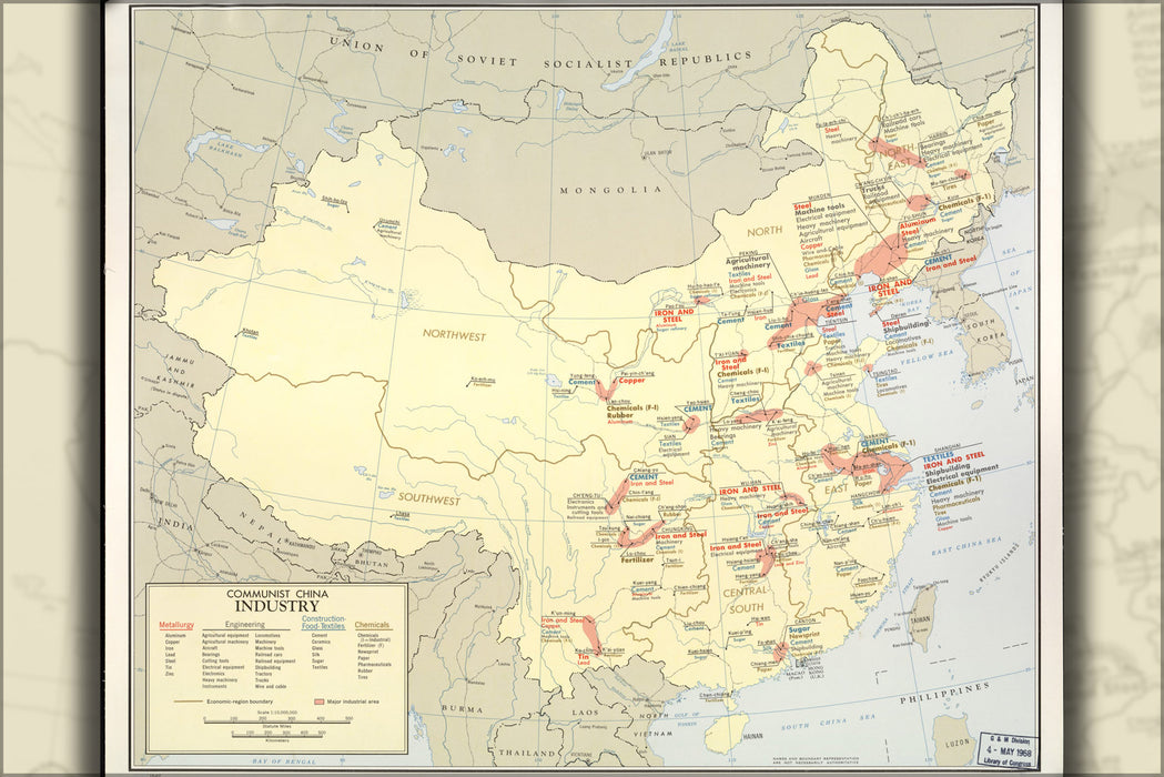 24"x36" Gallery Poster, cia map of Communist China industry 1967