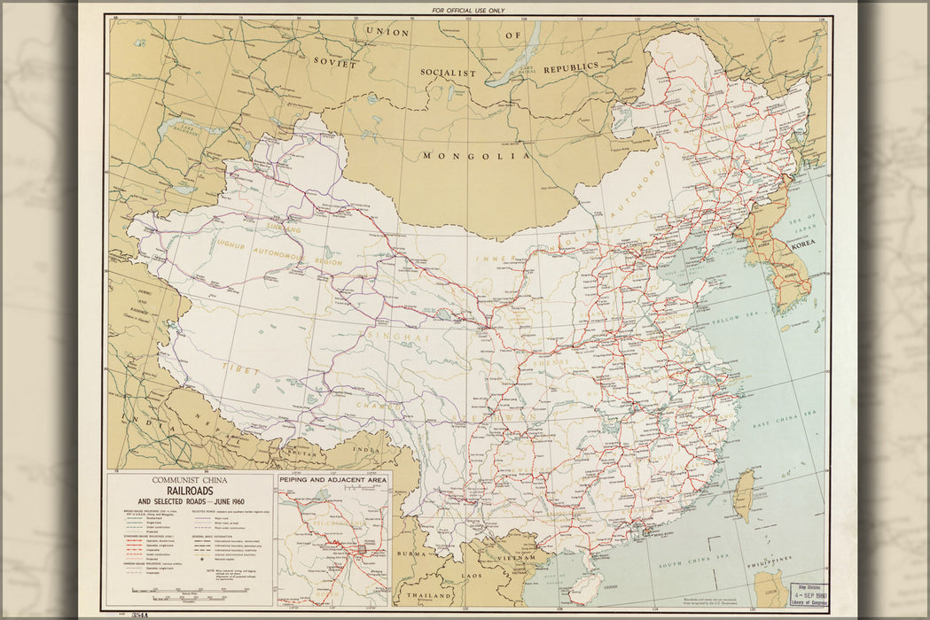 24"x36" Gallery Poster, cia map of Communist China railroads & roads 1960