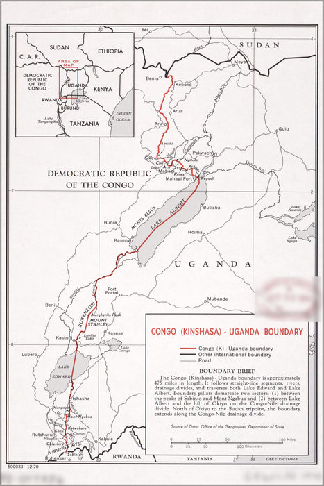 24"x36" Gallery Poster, cia map of Congo Uganda boundary 1970