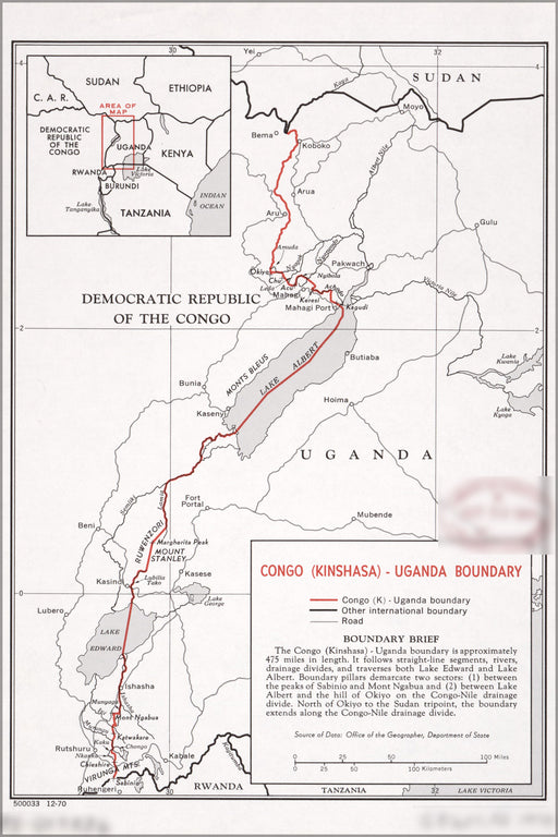 24"x36" Gallery Poster, cia map of Congo Uganda boundary 1970