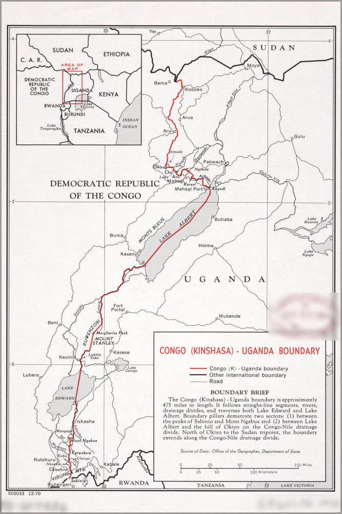 24"x36" Gallery Poster, cia map of Congo Uganda boundary 1970