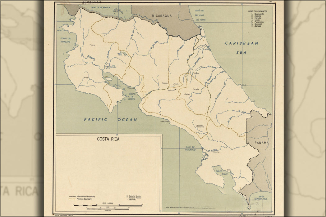 24"x36" Gallery Poster, cia map of Costa Rica 1950