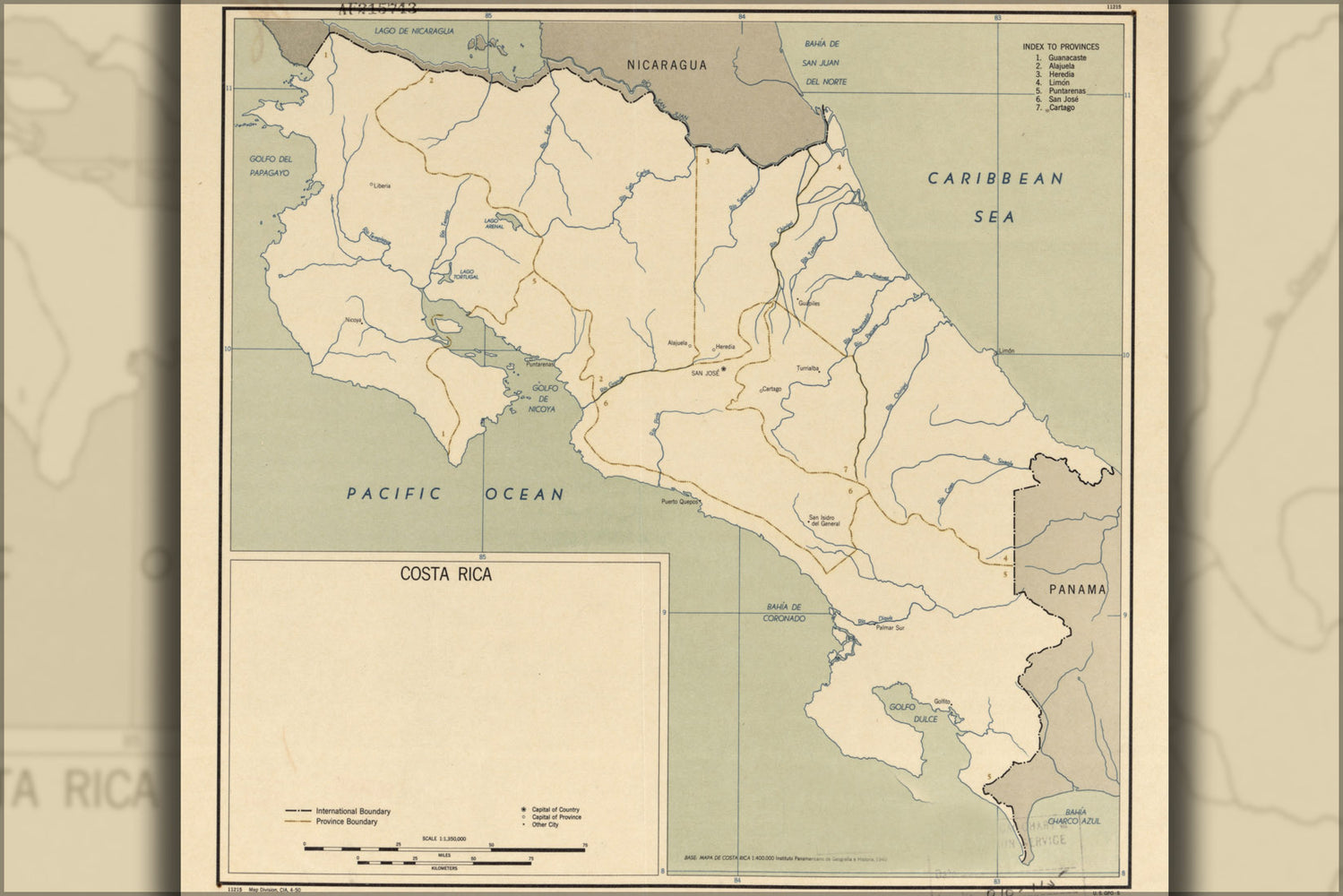 24"x36" Gallery Poster, cia map of Costa Rica 1950