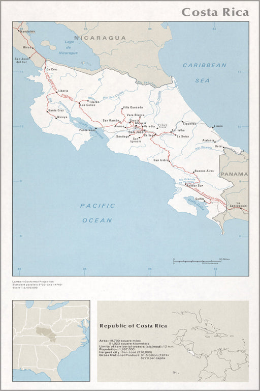 24"x36" Gallery Poster, cia map of Costa Rica 1976