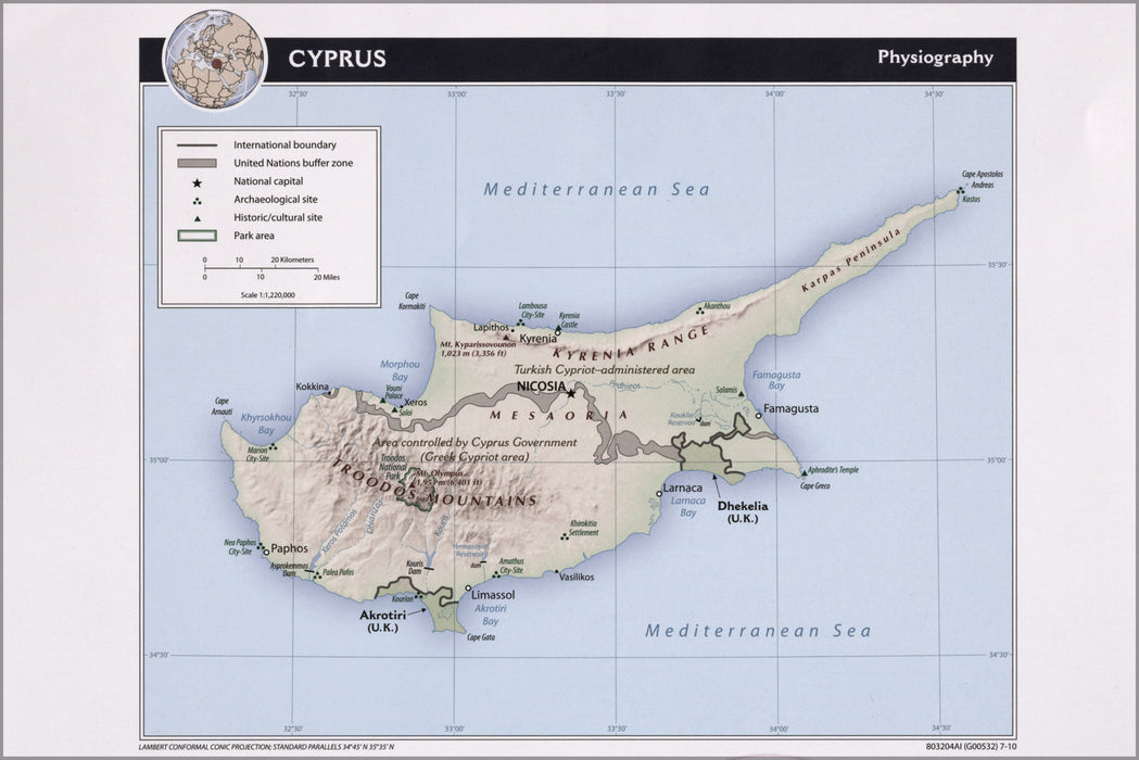 24"x36" Gallery Poster, cia map of Cyprus, physiography 2010