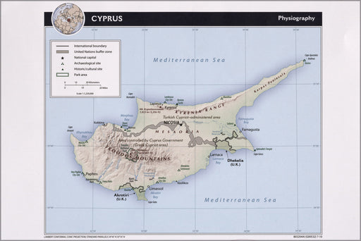 24"x36" Gallery Poster, cia map of Cyprus, physiography 2010