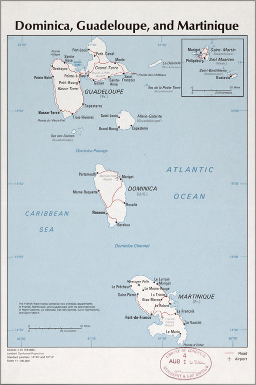 24"x36" Gallery Poster, cia map of Dominica Guadeloupe Martinique 1976