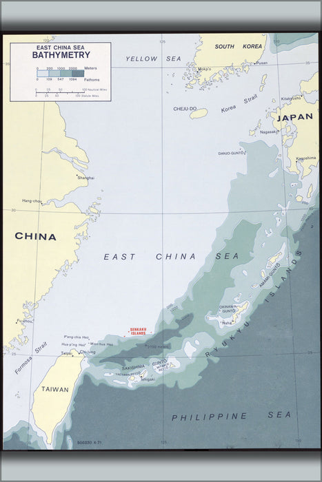 24"x36" Gallery Poster, cia map of East China Sea, bathymetry 1971