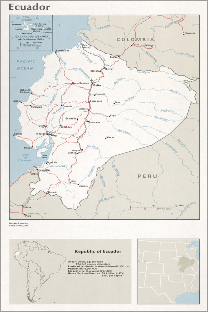 24"x36" Gallery Poster, cia map of Ecuador 1976
