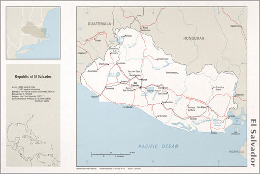 24"x36" Gallery Poster, cia map of El Salvador 1976