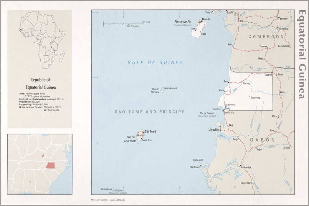 24"x36" Gallery Poster, cia map of Equatorial Guinea 1976