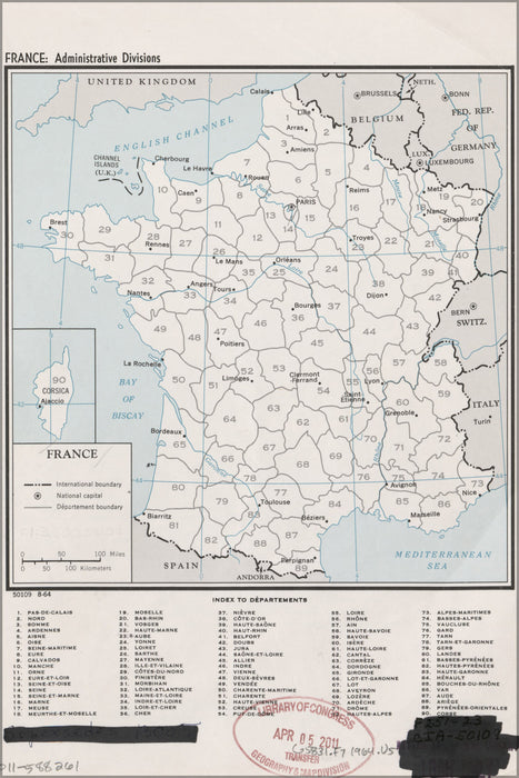 24"x36" Gallery Poster, cia map of France, admin. divisions 1964