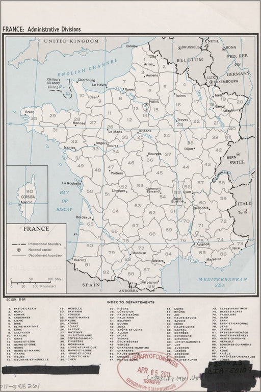 24"x36" Gallery Poster, cia map of France, admin. divisions 1964