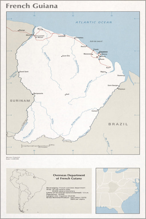 24"x36" Gallery Poster, cia map of French Guiana 1976