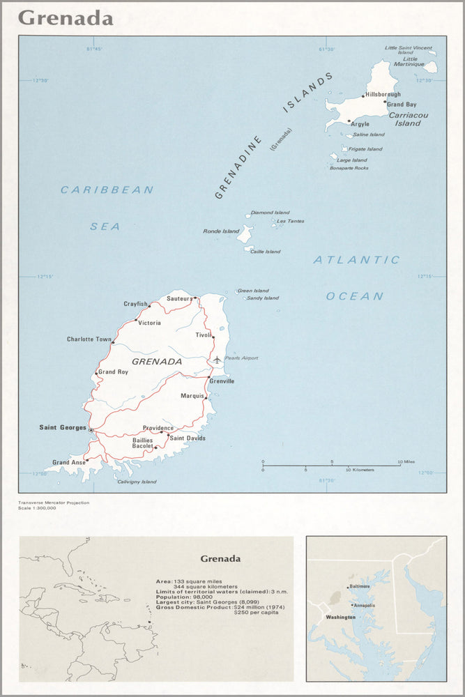24"x36" Gallery Poster, cia map of Grenada 1976