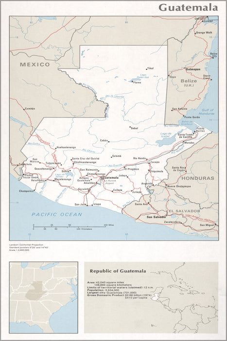 24"x36" Gallery Poster, cia map of Guatemala 1976