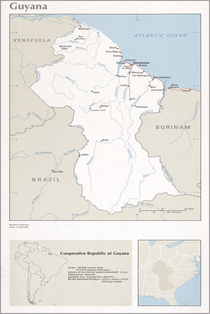 24"x36" Gallery Poster, cia map of Guyana 1976