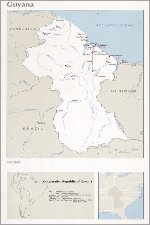24"x36" Gallery Poster, cia map of Guyana 1976