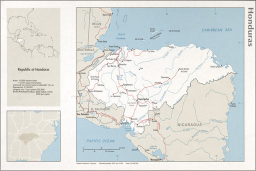 24"x36" Gallery Poster, cia map of Honduras 1976