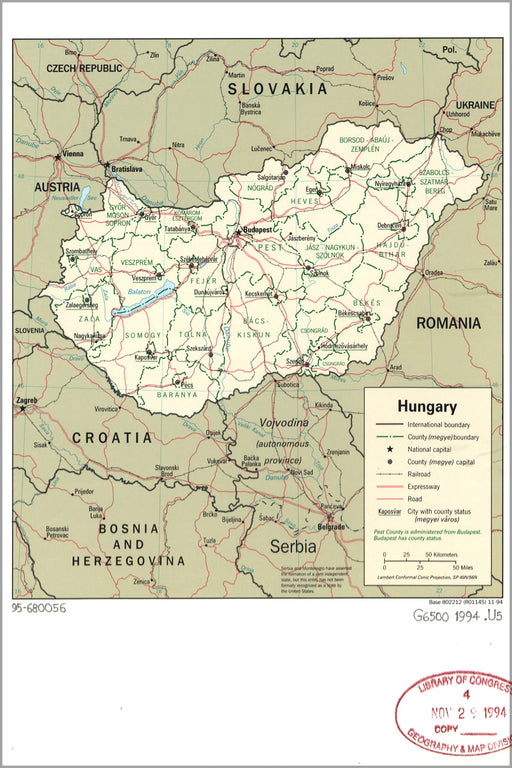 24"x36" Gallery Poster, cia map of Hungary 1994