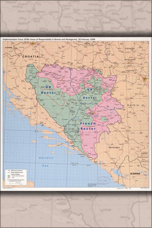 24"x36" Gallery Poster, cia map of IFOR areas Bosnia Herzegovina 1996 p2