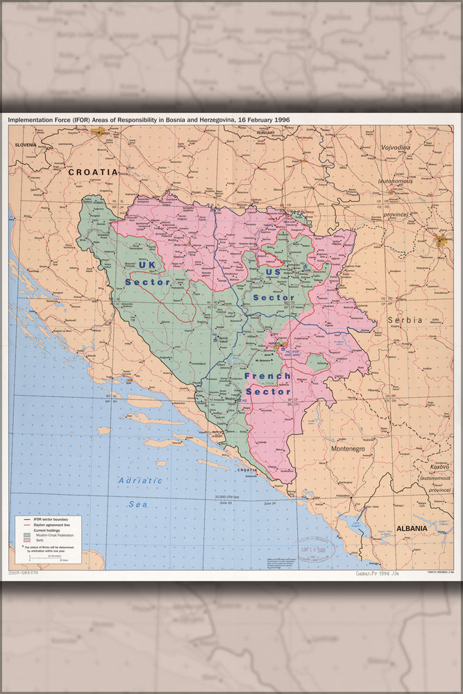 24"x36" Gallery Poster, cia map of IFOR areas Bosnia Herzegovina 1996 p2