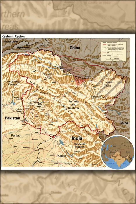 24"x36" Gallery Poster, cia map of India, Jammu & Kashmir 1990
