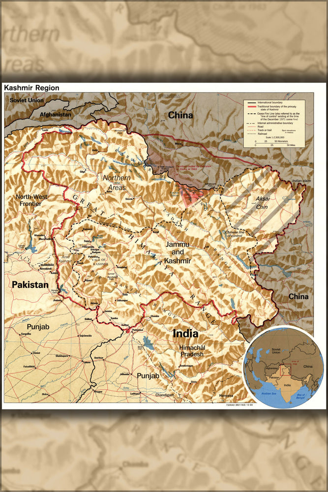 24"x36" Gallery Poster, cia map of India, Jammu & Kashmir 1990