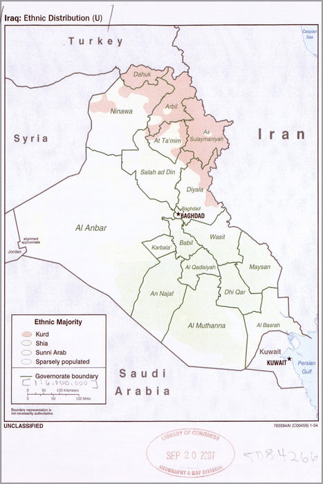 24"x36" Gallery Poster, cia map of Iraq ethnic distribution 2004