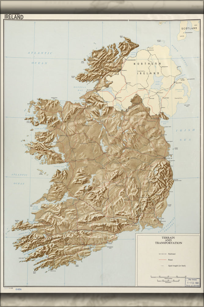 24"x36" Gallery Poster, cia map of Ireland Terrain & transportation 1960