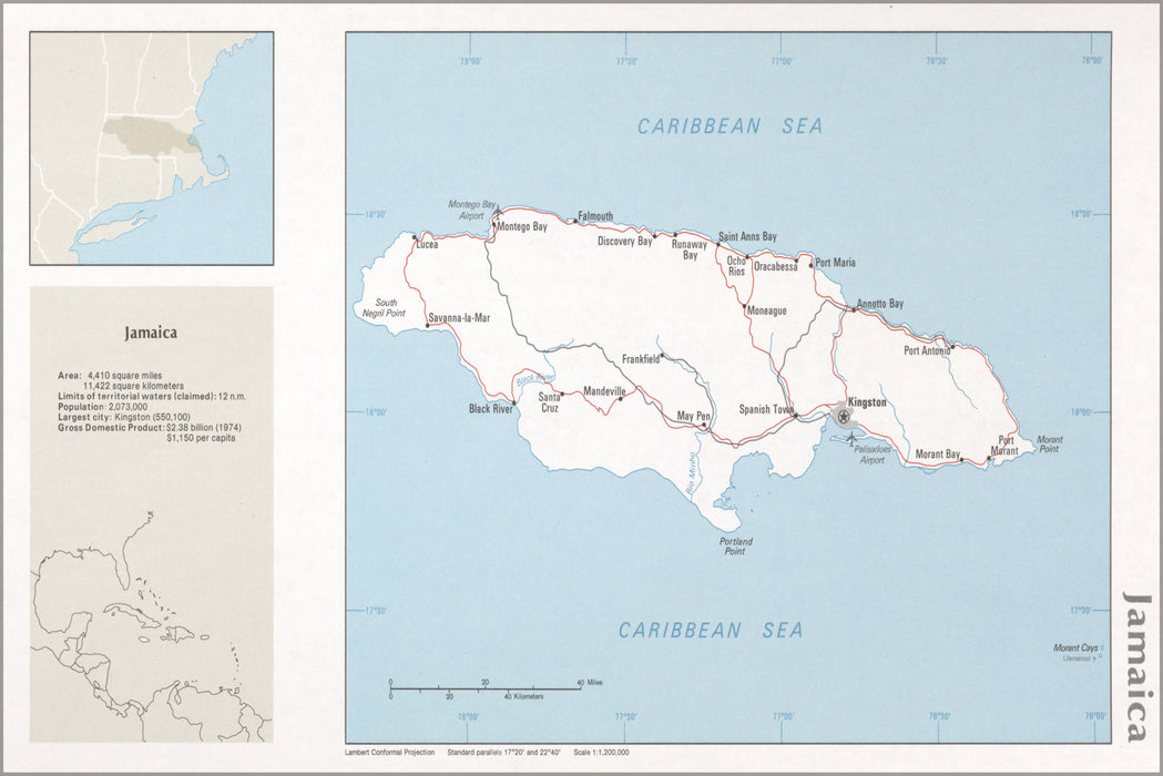 24"x36" Gallery Poster, cia map of Jamaica 1976