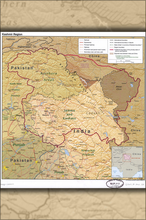 24"x36" Gallery Poster, cia map of Jammu and Kashmir India 2003 P2