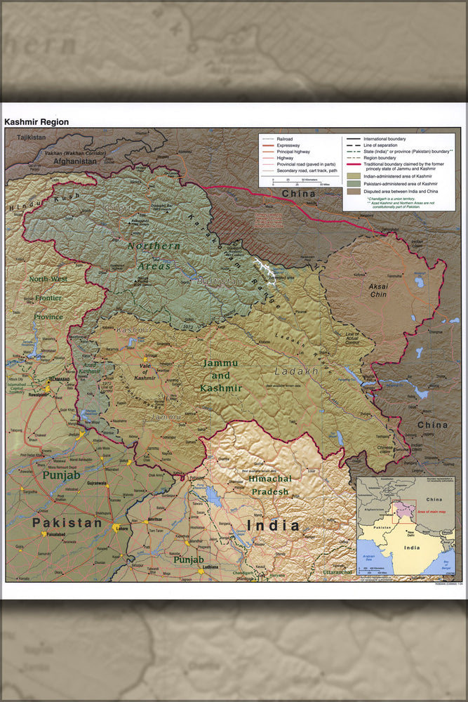 24"x36" Gallery Poster, cia map of Jammu and Kashmir India 2004