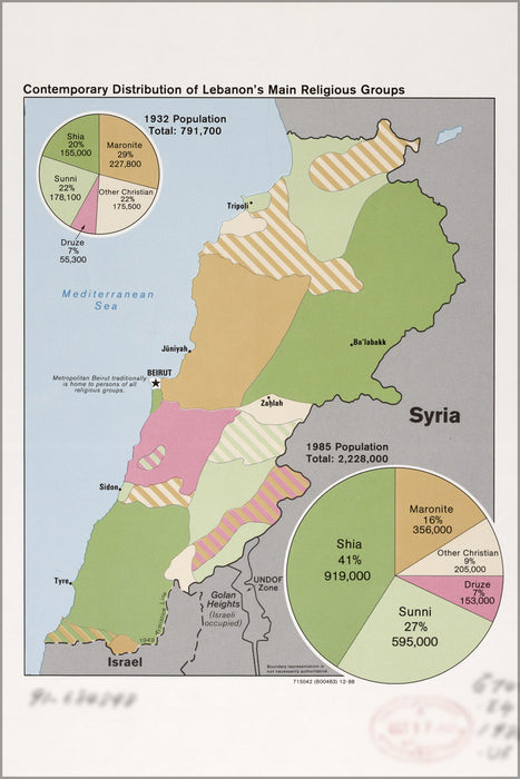 24"x36" Gallery Poster, cia map of Lebanon main religious groups 1988