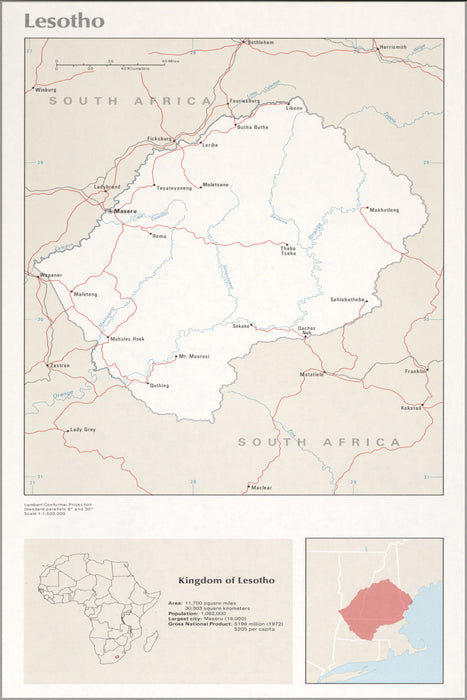 24"x36" Gallery Poster, cia map of Lesotho 1976