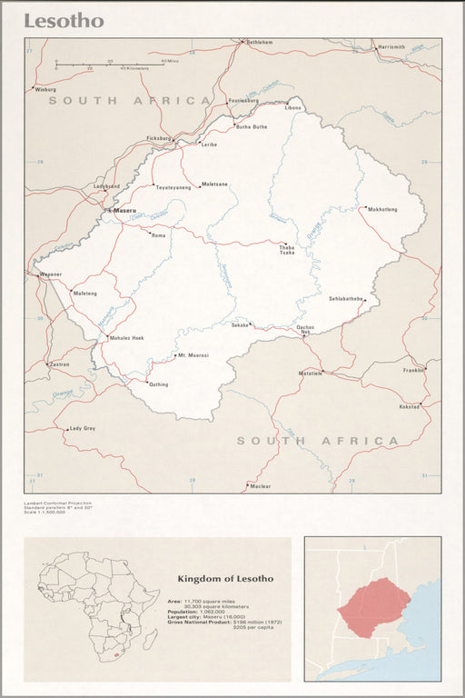 24"x36" Gallery Poster, cia map of Lesotho 1976