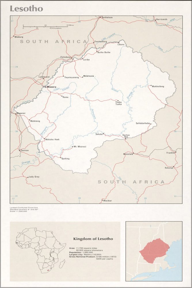 24"x36" Gallery Poster, cia map of Lesotho 1976