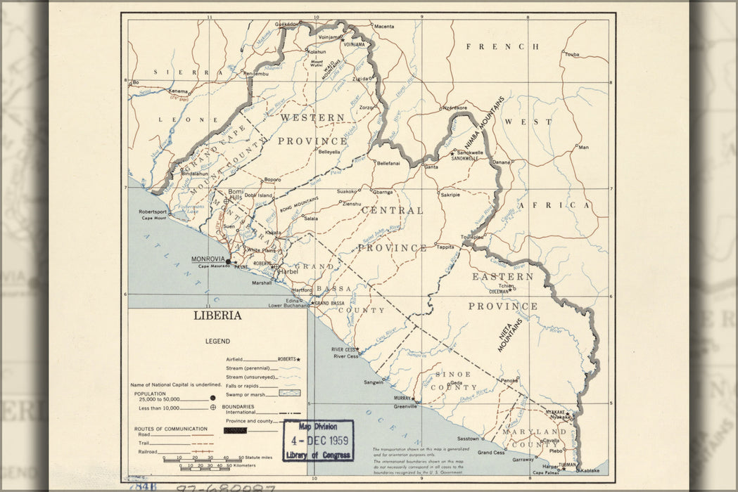 24"x36" Gallery Poster, cia map of Liberia. 1959