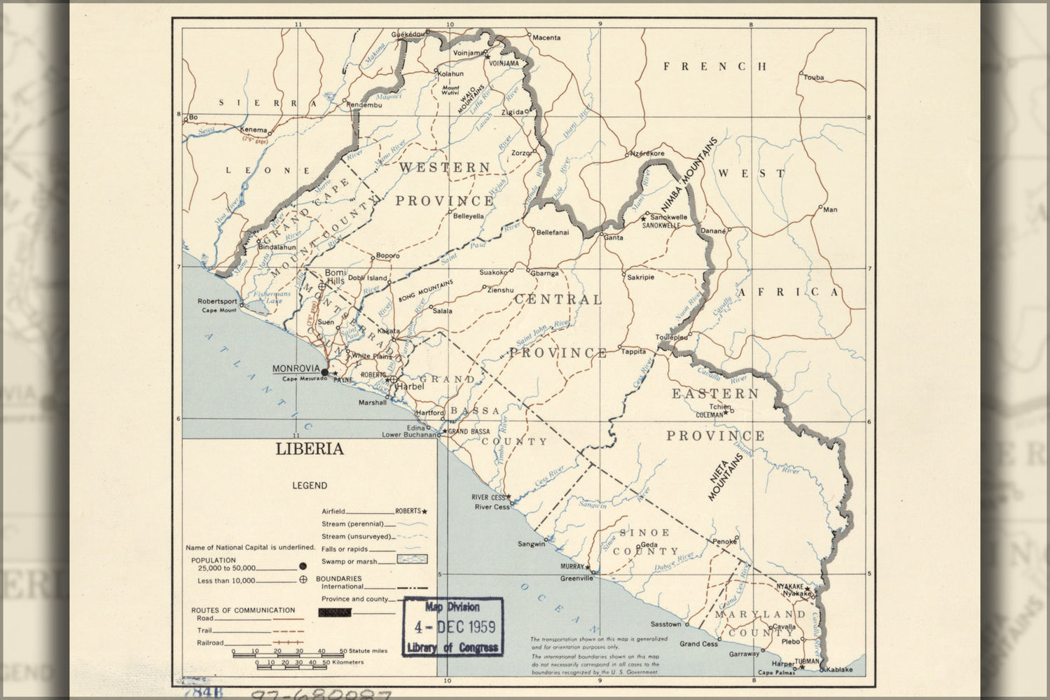 24"x36" Gallery Poster, cia map of Liberia. 1959