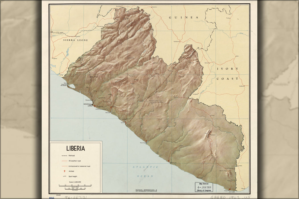 24"x36" Gallery Poster, cia map of Liberia 1963