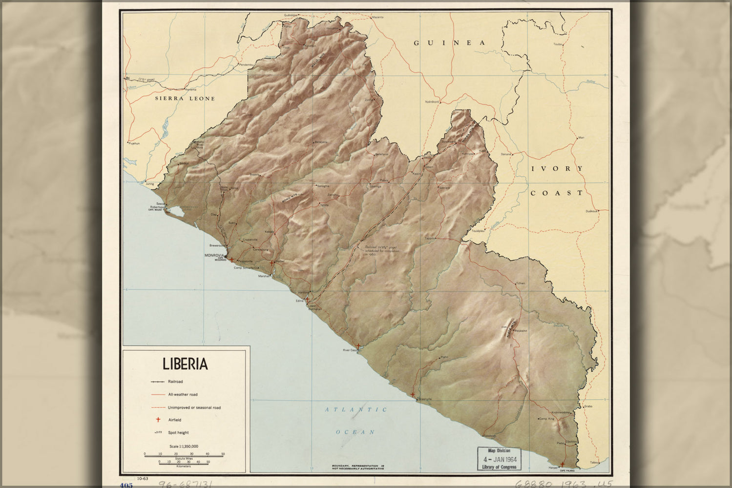 24"x36" Gallery Poster, cia map of Liberia 1963