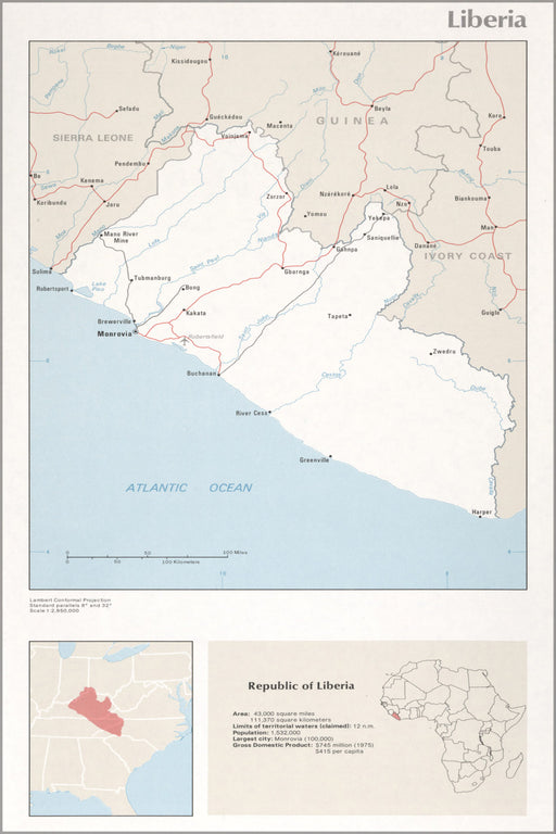 24"x36" Gallery Poster, cia map of Liberia 1976