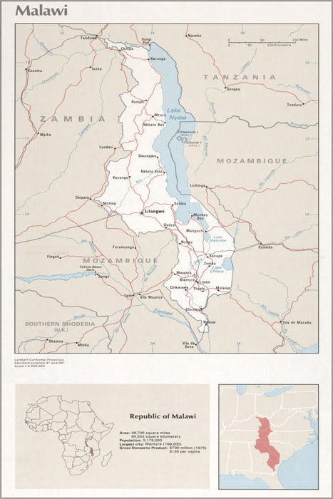 24"x36" Gallery Poster, cia map of Malawi 1976