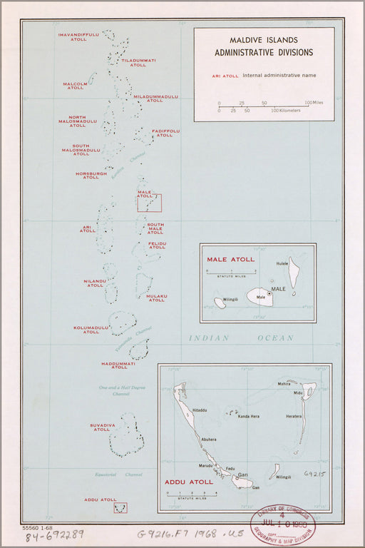 24"x36" Gallery Poster, cia map of Maldive Islands, admin divisions 1968