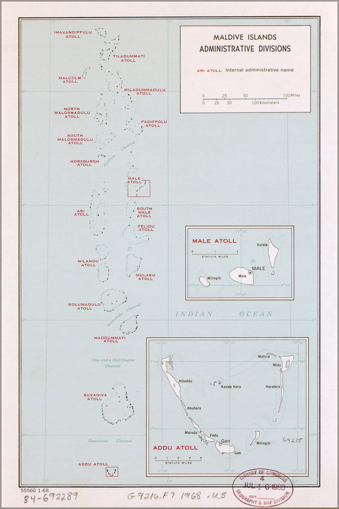 24"x36" Gallery Poster, cia map of Maldive Islands, admin divisions 1968
