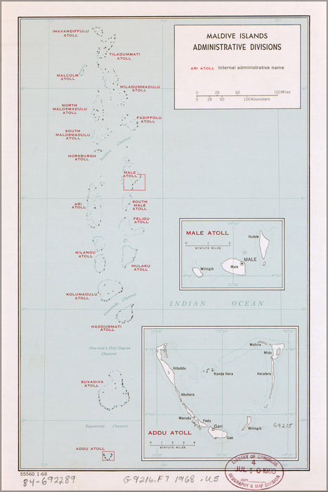24"x36" Gallery Poster, cia map of Maldive Islands, admin divisions 1968