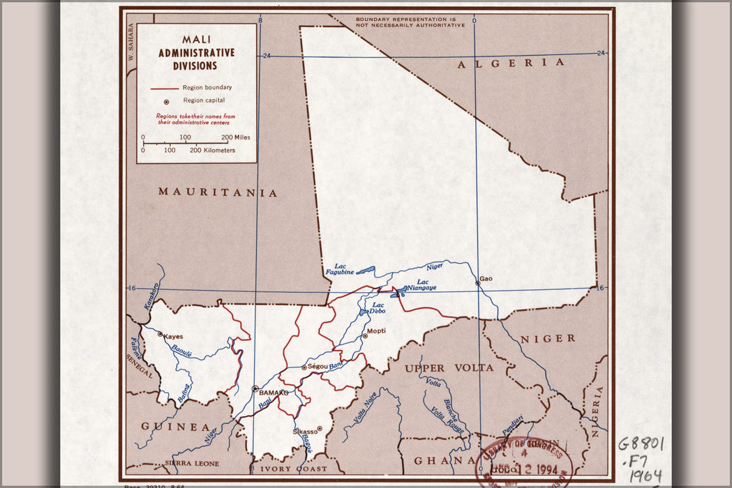 24"x36" Gallery Poster, cia map of Mali, administrative divisions 1964