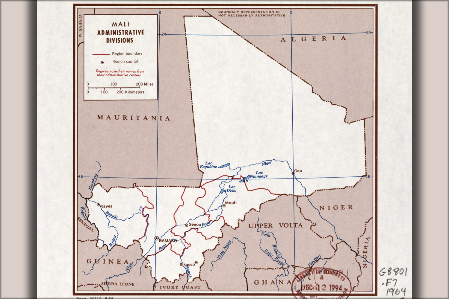 24"x36" Gallery Poster, cia map of Mali, administrative divisions 1964